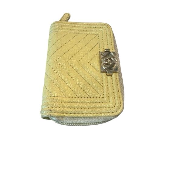 CHANEL Yellow Caviar Leather Chevron Quilted Boy Zip Around Coin Purse Wallet - Picture 2 of 16